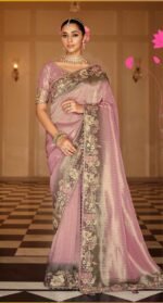 Designer Tissue Zari Saree with Olive Green Embroidered Border With Heavy Blouse - Image 2