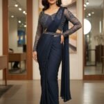 Womens Ready-To-Wear Royal Blue Saree with Hand Stitched Blouse and Belt