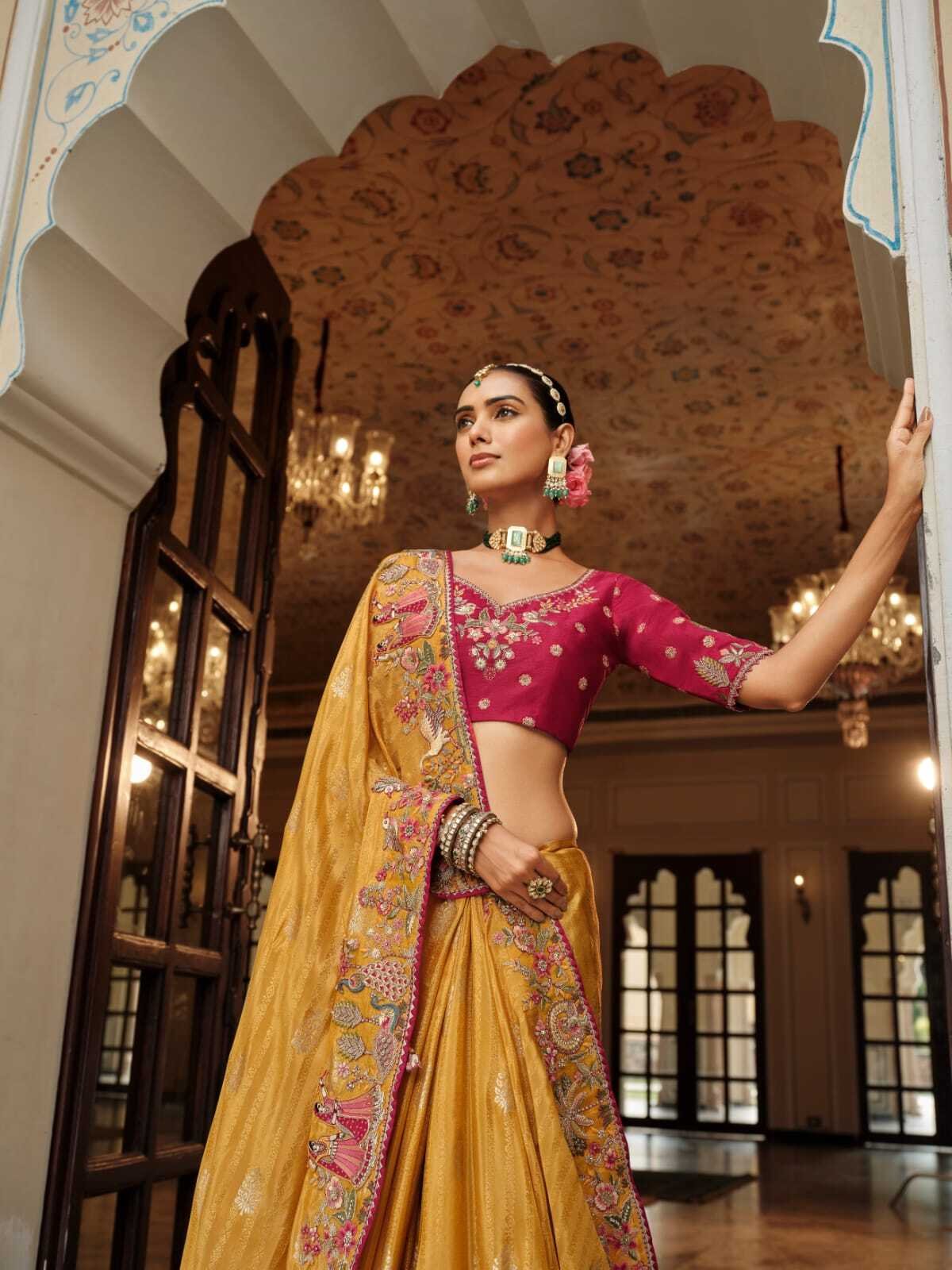 Premium Mustard Yellow Tissue Silk Embroidery Work Saree With Maroon Heavy Blosue - Image 2