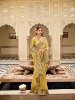 Designer Wedding Party Wear Golden Yellow Tissue Zari Saree With Heavy Blosue - Image 3
