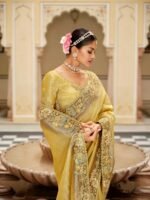 Designer Wedding Party Wear Golden Yellow Tissue Zari Saree With Heavy Blosue - Image 2
