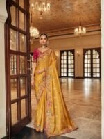 Premium Mustard Yellow Tissue Silk Embroidery Work Saree With Maroon Heavy Blosue
