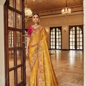 Premium Mustard Yellow Tissue Silk Embroidery Work Saree With Maroon Heavy Blosue