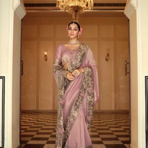 Designer Tissue Zari Saree with Olive Green Embroidered Border With Heavy Blouse