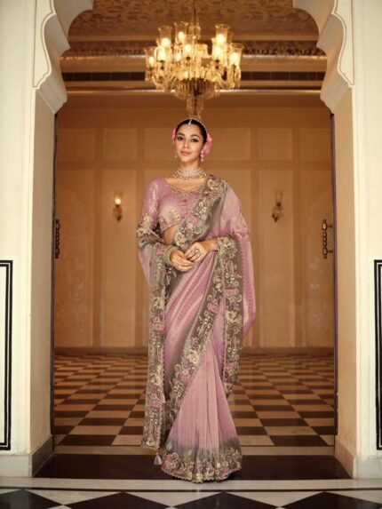 Designer Tissue Zari Saree with Olive Green Embroidered Border With Heavy Blouse
