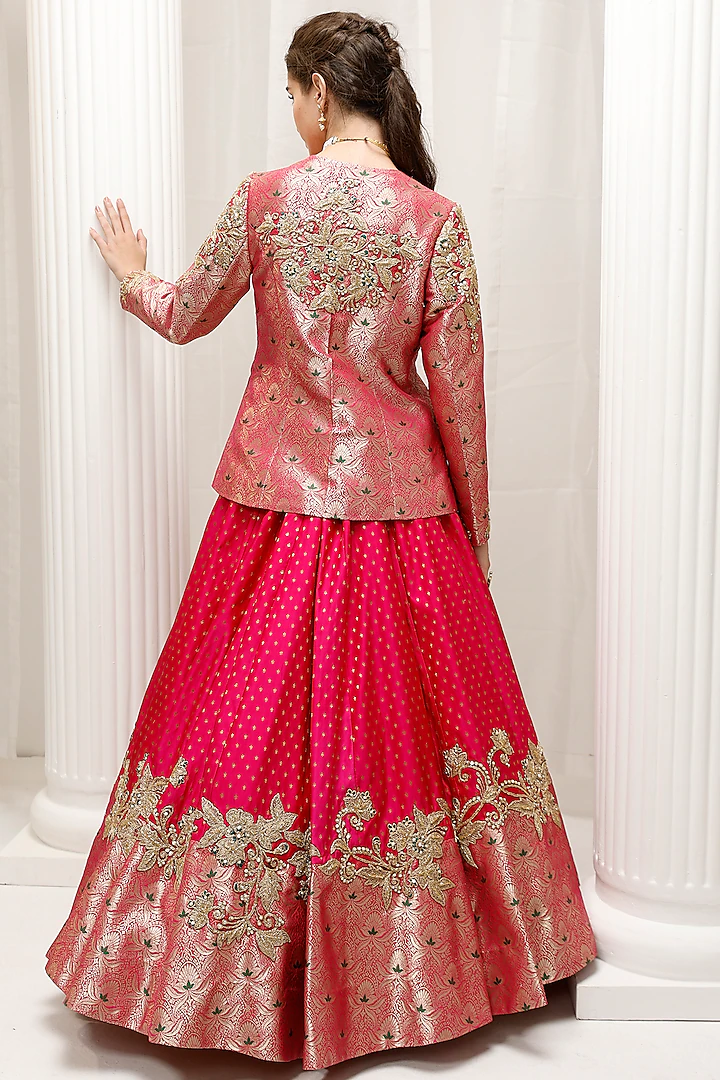 Luxury Hand & Machine Embroidered Banarasi Jacket Lehenga Set - Image 3