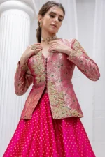 Luxury Hand & Machine Embroidered Banarasi Jacket Lehenga Set - Image 5