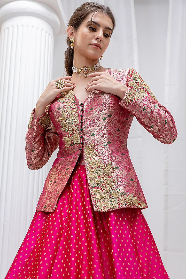 Luxury Hand & Machine Embroidered Banarasi Jacket Lehenga Set - Image 5