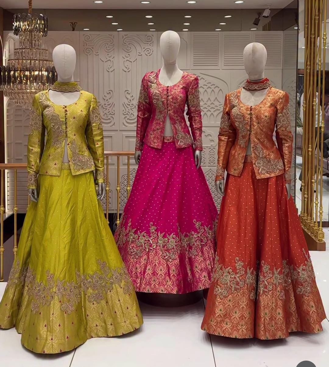 Luxury Hand & Machine Embroidered Banarasi Jacket Lehenga Set