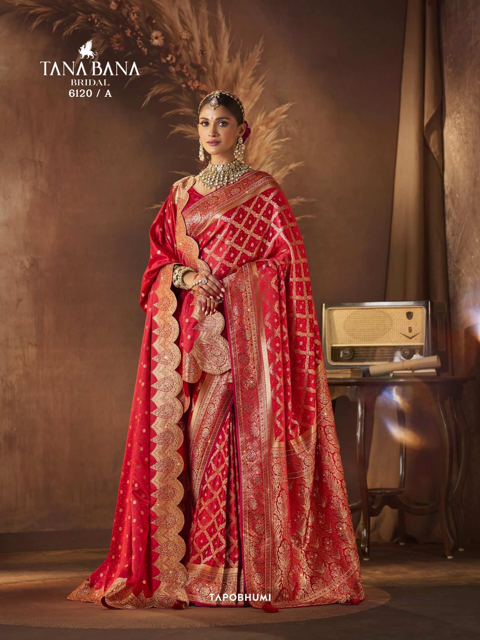 Tana Bana Red Bridal Pure Silk Saree with Dupatta