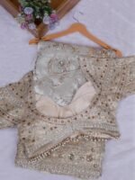 cream kanjivaram silk saree with heavy embroidery work x readymade blouse l - Image 5