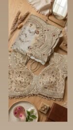 cream kanjivaram silk saree with heavy embroidery work x readymade blouse l - Image 3