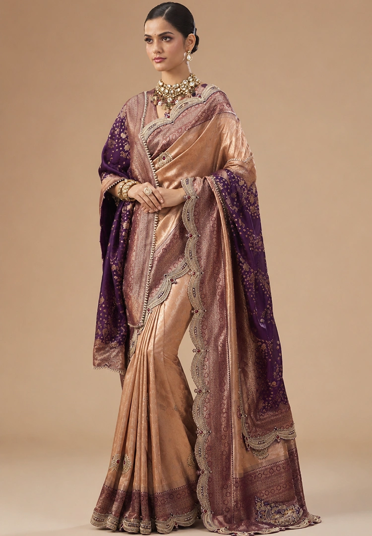0006.webp "Pure Banarasi Contrast Silk Saree With Hand Kundan Work & Dupatta" - Image 1