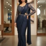 Womens Ready-To-Wear Royal Blue Saree with Hand Stitched Blouse and Belt