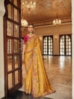Premium Mustard Yellow Tissue Silk Embroidery Work Saree With Maroon Heavy Blosue